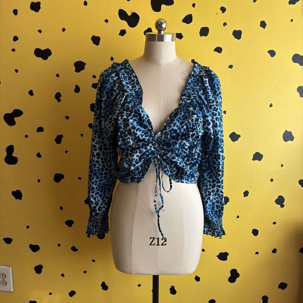 Rouge Collection Women's Blue Leopard Ruched Crop Top Size 1X Tie Front